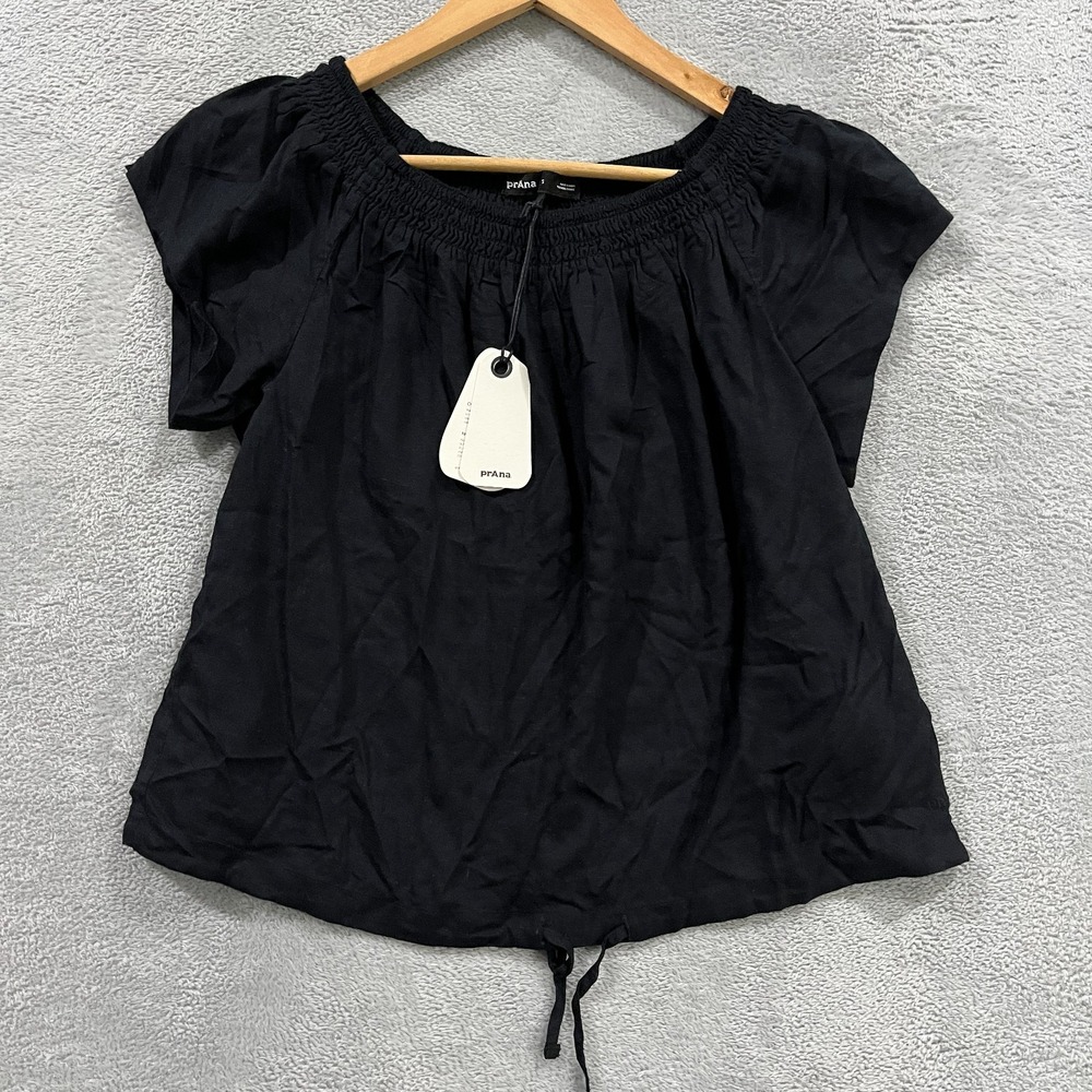 NIB prAna Laguna Heights Top Womens Small Black Off-The-Shoulder Smocked Neck